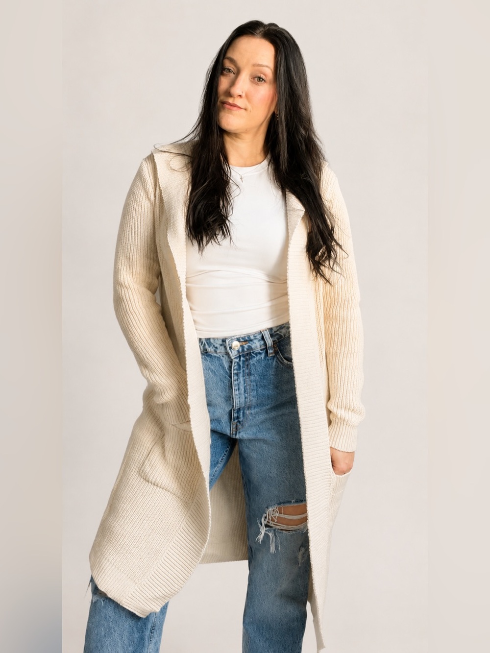 Women's Cream Hooded Longline Open Knit Cardigan